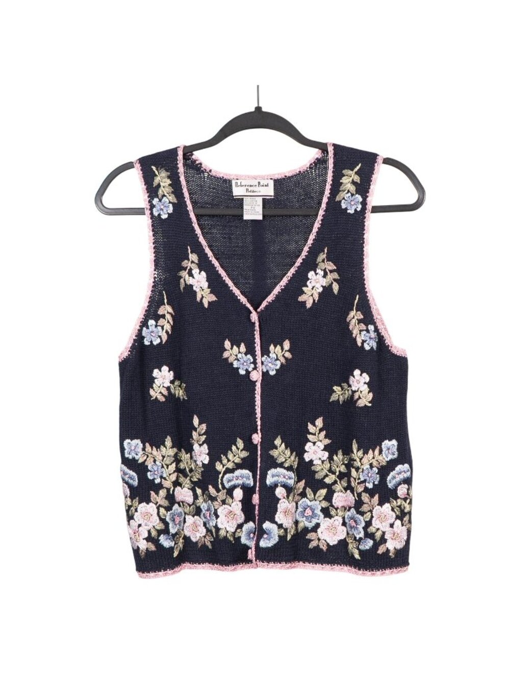 Floral Sweater Vest S Petite Navy Blue Pink Buttons 90s Grammacore Cottagecore